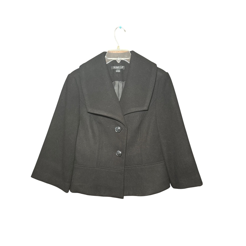Tribella Black Two Button Cropped Pea Coat Blazer Jacket Wing Collar Size 4